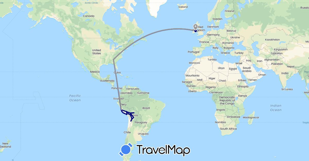 TravelMap itinerary: driving, plane in Bolivia, Ireland, Peru, United States (Europe, North America, South America)